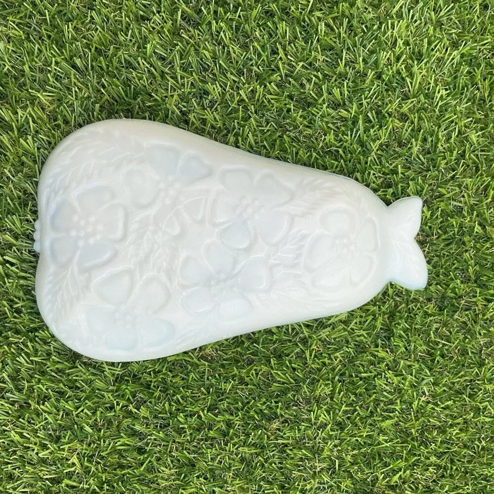 Vintage Hazel Atlas Milk Glass Pear Shaped Dish Embossed Fruit Floral 8”